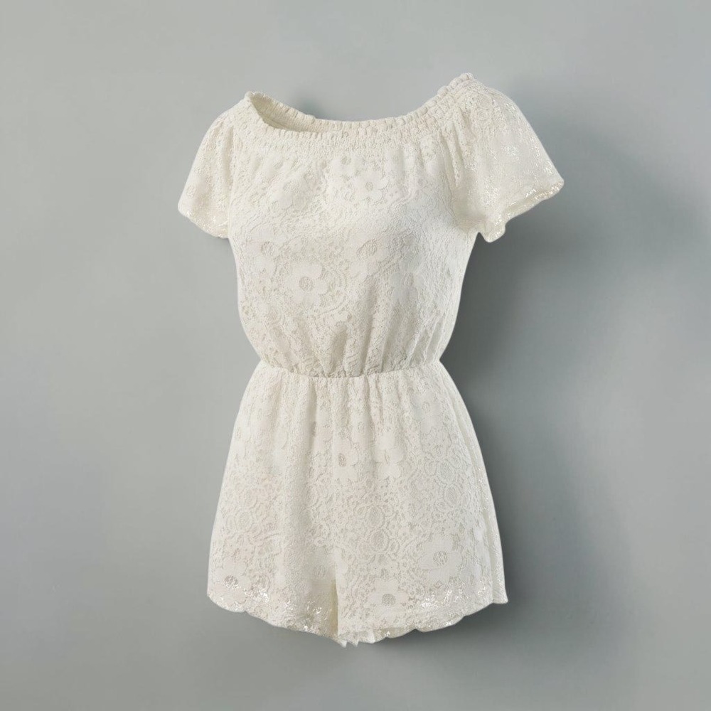 Hollister Romper Women XS White Floral Lace Off Shoulder Romantic Boho Costal